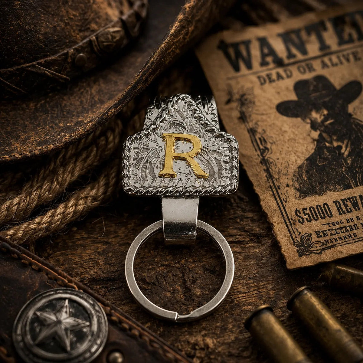 Vintage Cowboy Letter Initial Tag Keychain
