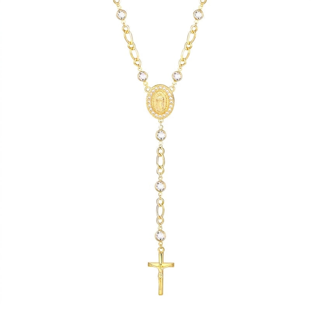 Collier lariat chapelet 18k avec croix et Vierge Marie