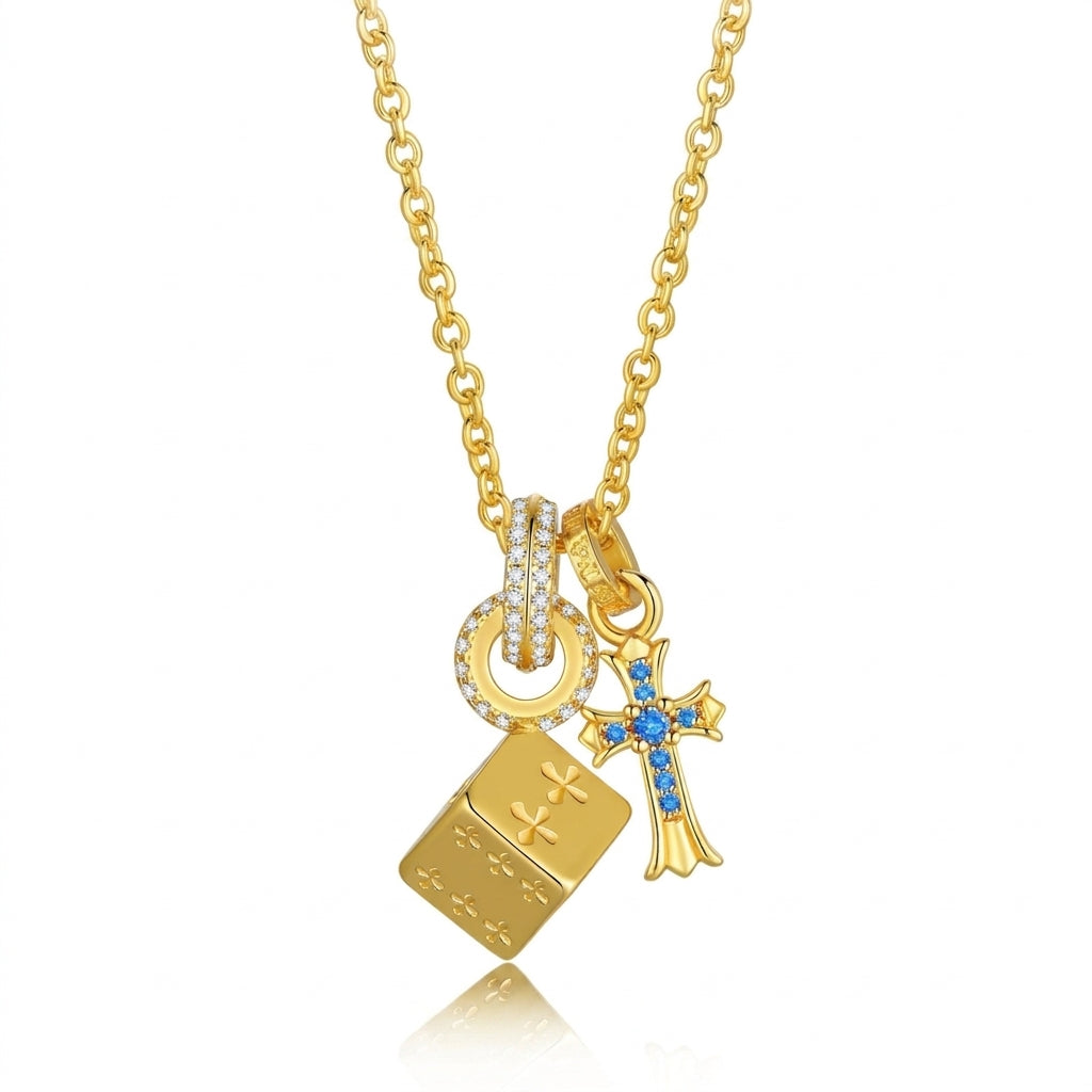 Collier 14k avec croix et breloque dé