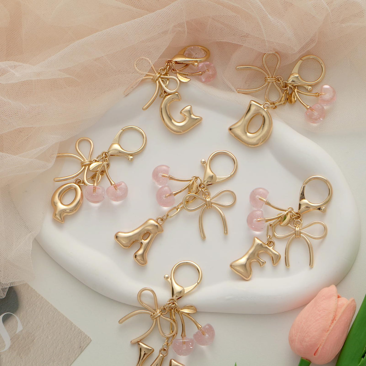 Bubble Initial With Bow & Cherry Bag Charms Keychain