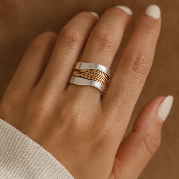 Silver ring with golden threads