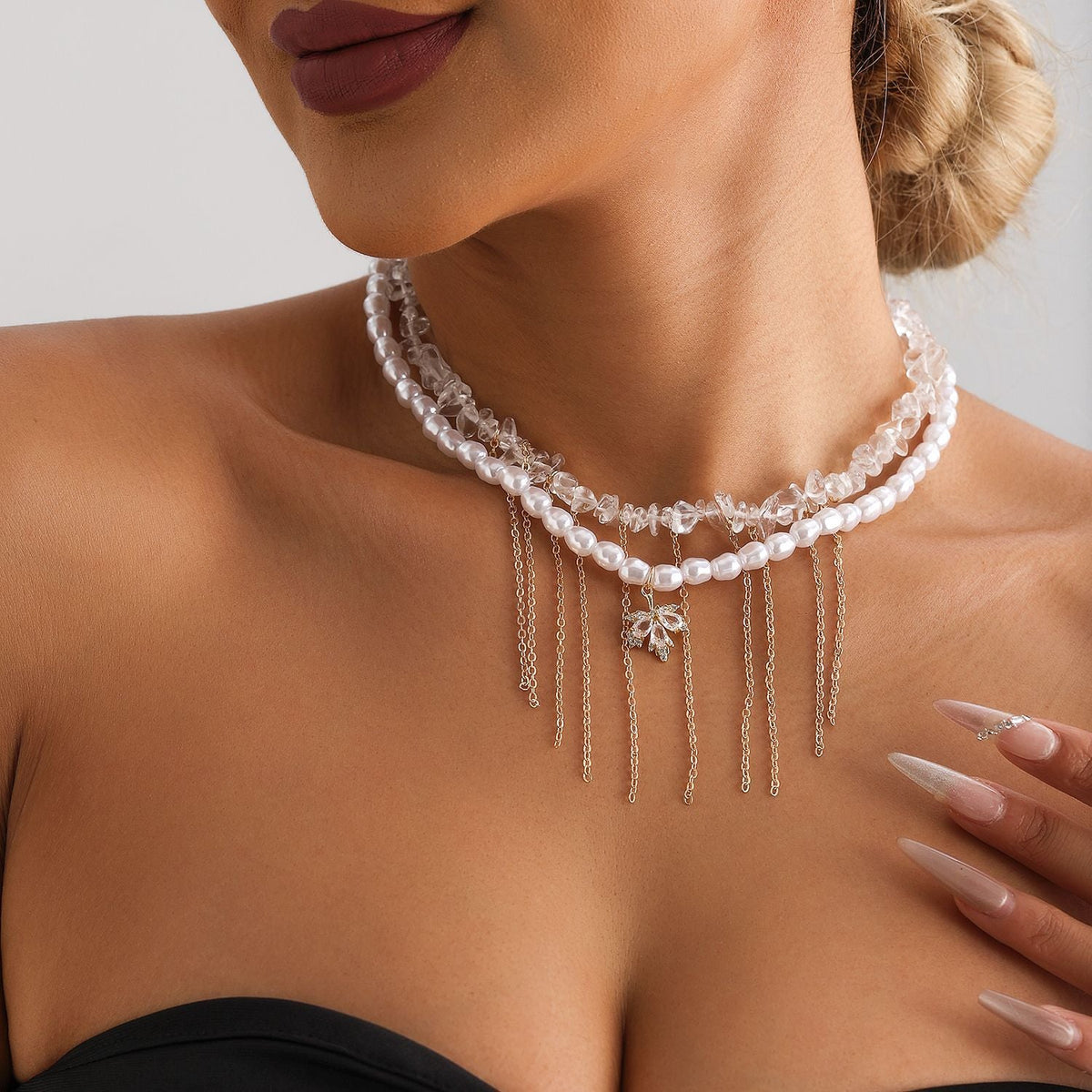 2pc Irregular Pearl & Crystal Maple Leaf Necklace