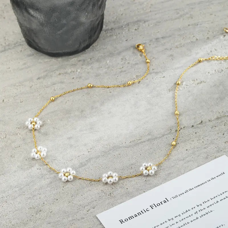 14k Pearl Floral Choker Necklace