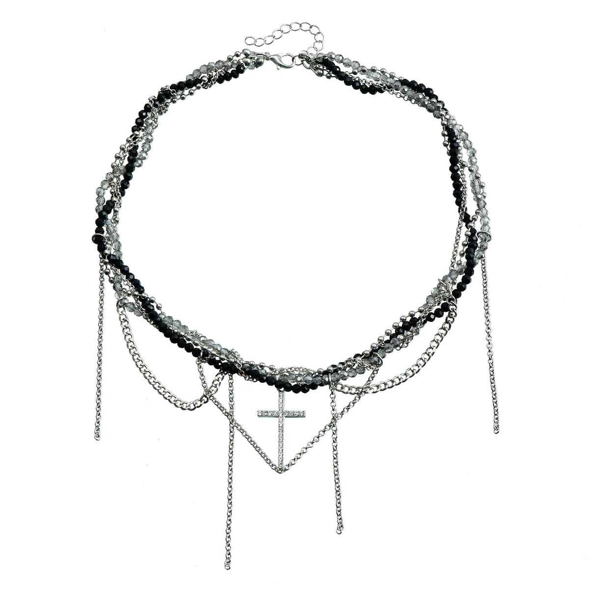 Collier croix entrelacée en perles et zircons cubiques
