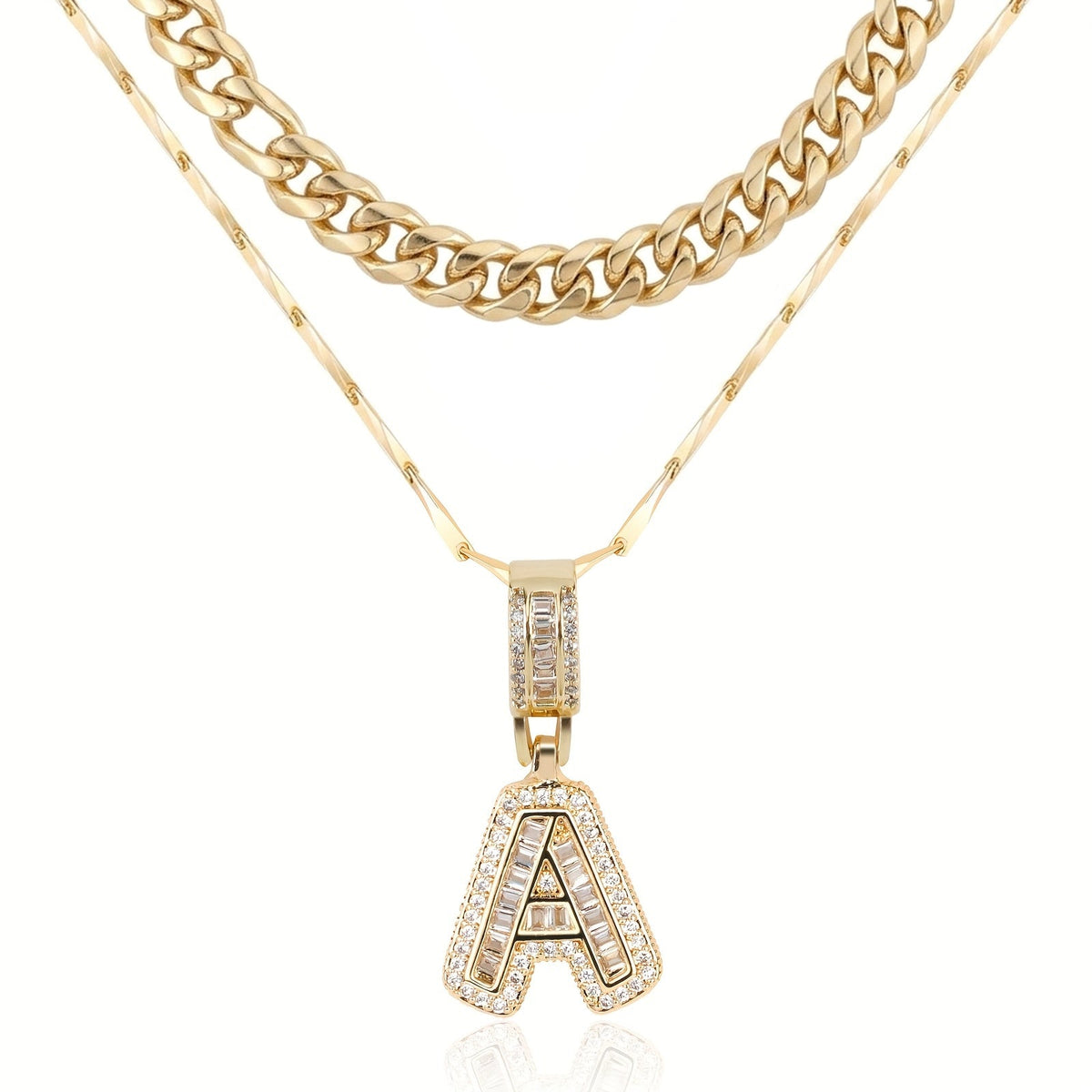 Set di 2 collane a strati in oro 14k, cubana e con iniziale