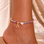 Colorful Pearl Heart Initial Anklet