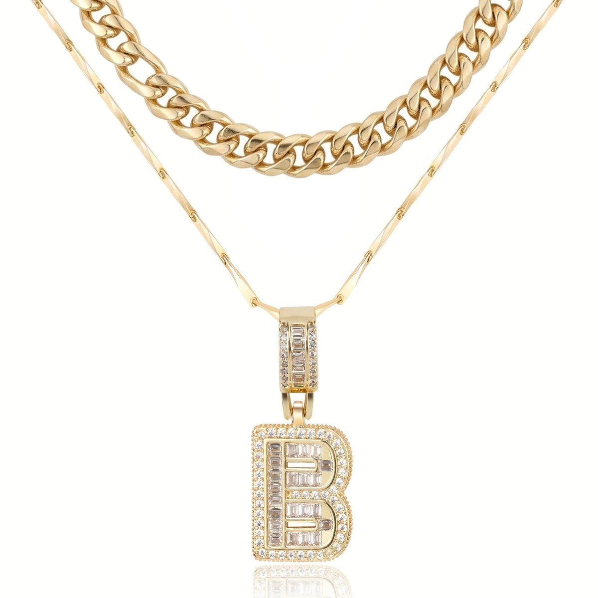Set di 2 collane a strati in oro 14k, cubana e con iniziale