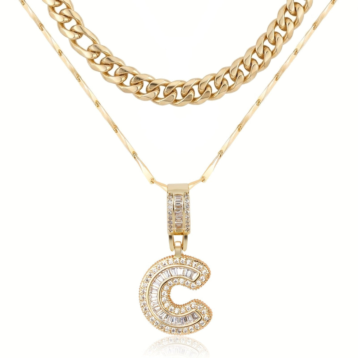 Set di 2 collane a strati in oro 14k, cubana e con iniziale