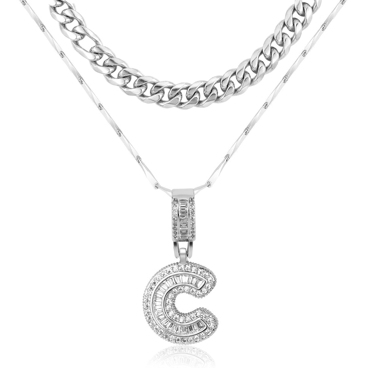 Set di 2 collane a strati in oro 14k, cubana e con iniziale