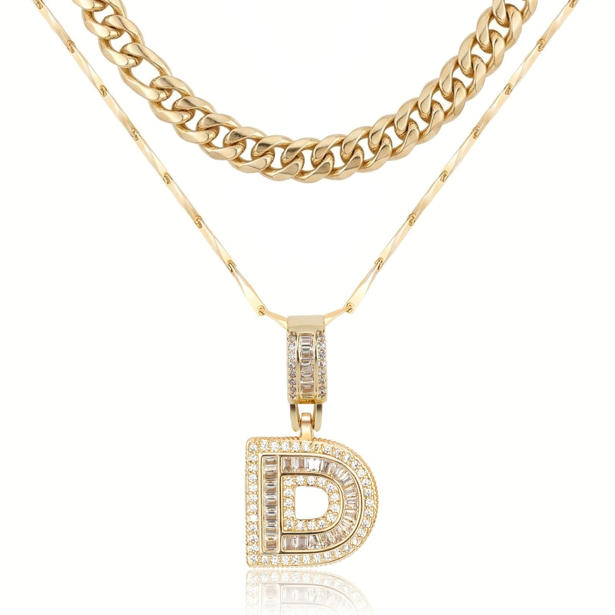 Set di 2 collane a strati in oro 14k, cubana e con iniziale