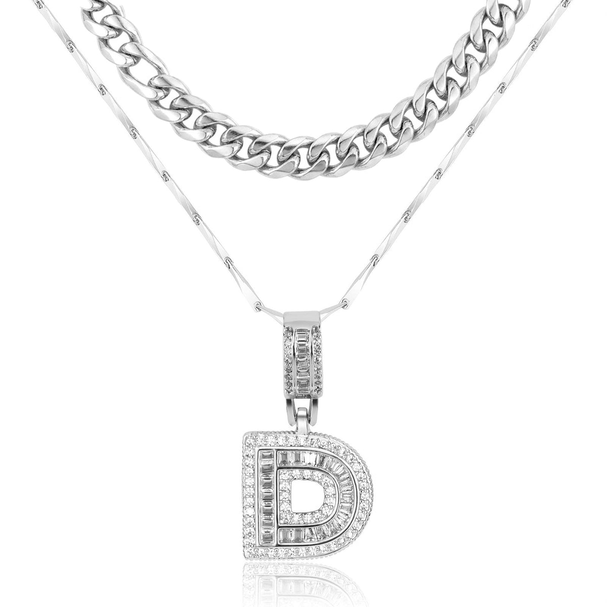 Set di 2 collane a strati in oro 14k, cubana e con iniziale