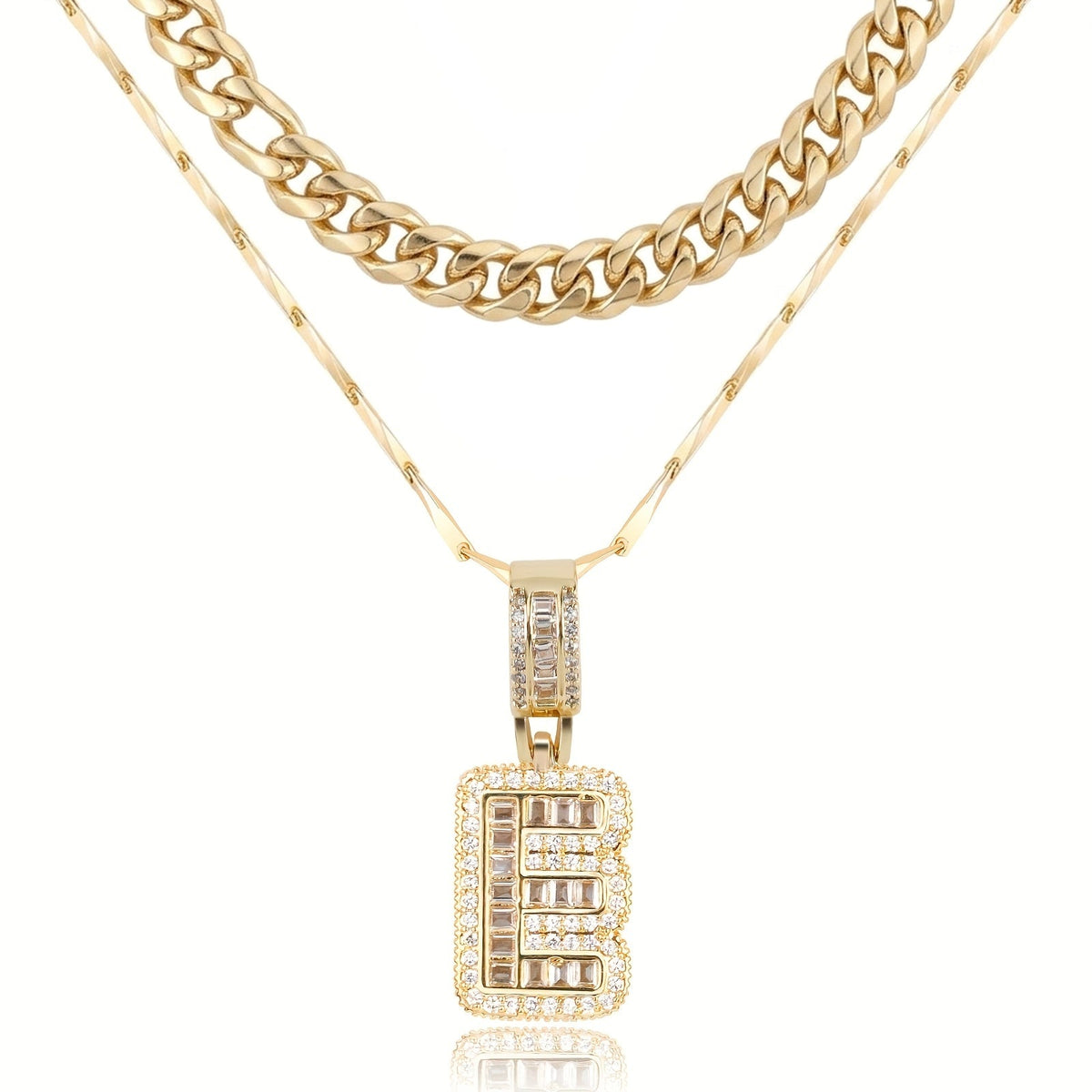 Set di 2 collane a strati in oro 14k, cubana e con iniziale