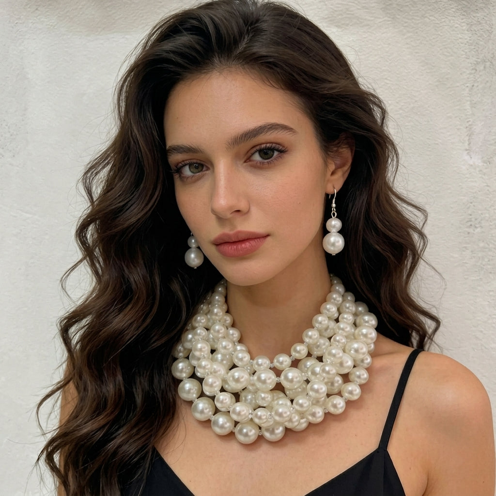 Ensemble extravagant de collier superposé et boucles d’oreilles en perles