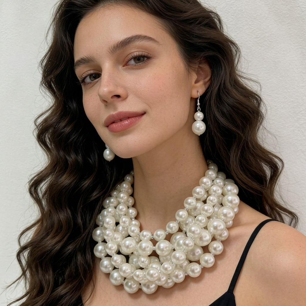 Ensemble extravagant de collier superposé et boucles d’oreilles en perles