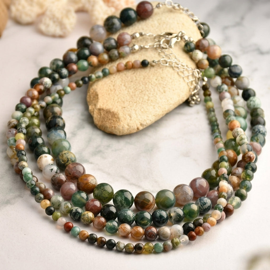 Ensemble de 4 colliers en perles d’agate indienne naturelle