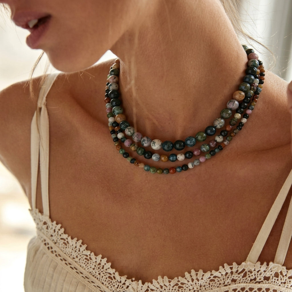 Ensemble de 4 colliers en perles d’agate indienne naturelle