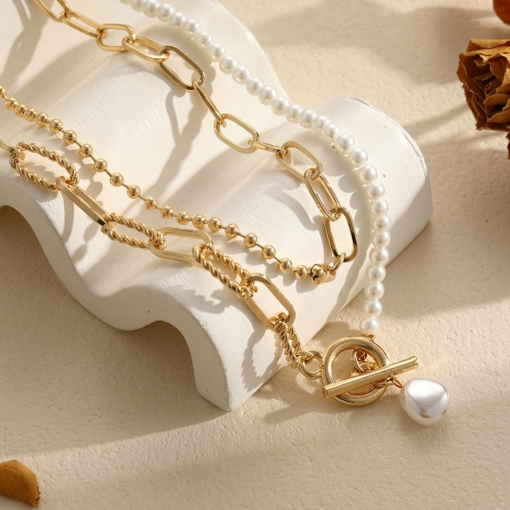 Collier élégant à perles et chaîne trombone à enrouler