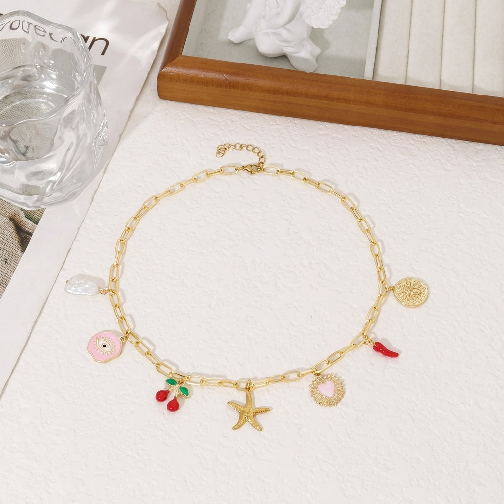Collier chaîne trombone ludique avec 7 breloques