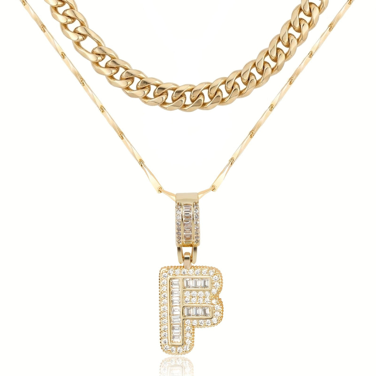 Set di 2 collane a strati in oro 14k, cubana e con iniziale