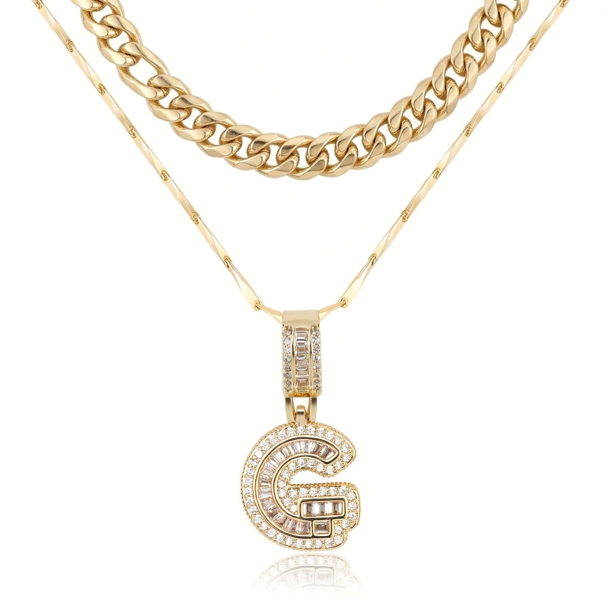 Set di 2 collane a strati in oro 14k, cubana e con iniziale