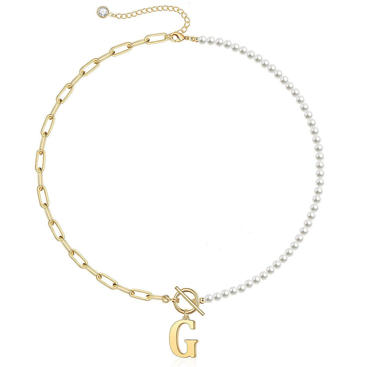 Collar con letra inicial, perlas y cadena de eslabones tipo clip