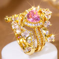 3pc Pink Heart Crown Stackable Ring Set