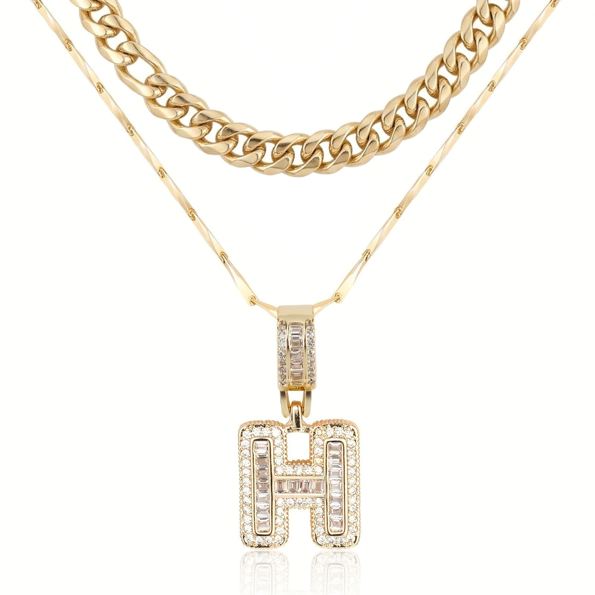 Set di 2 collane a strati in oro 14k, cubana e con iniziale
