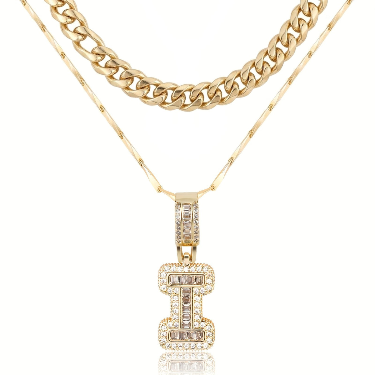 Set di 2 collane a strati in oro 14k, cubana e con iniziale