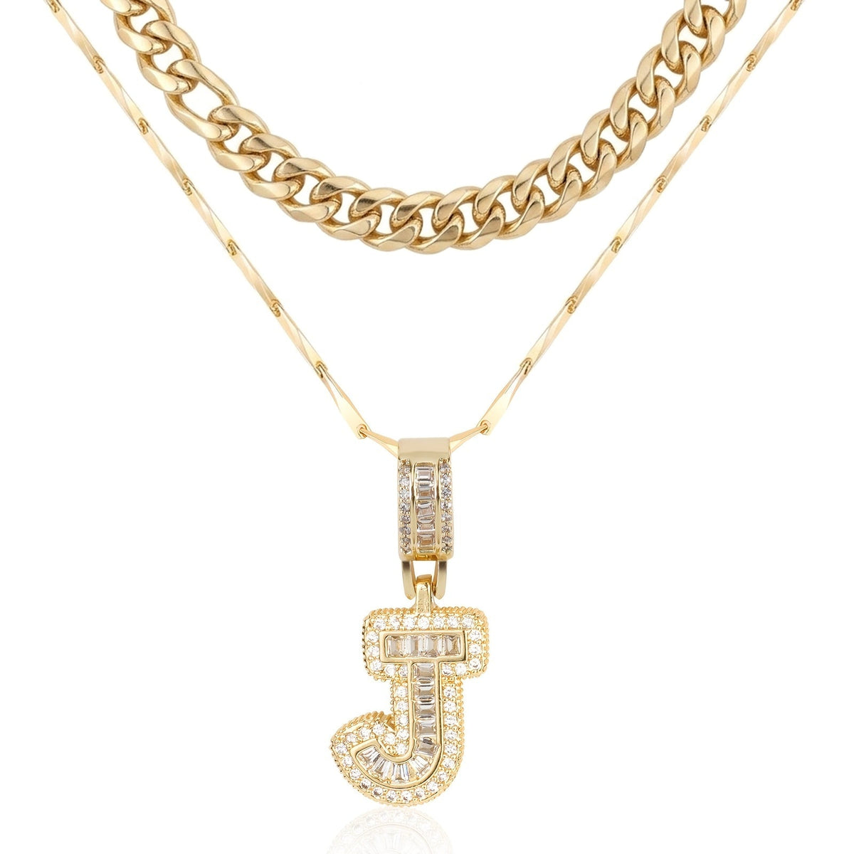 Set di 2 collane a strati in oro 14k, cubana e con iniziale