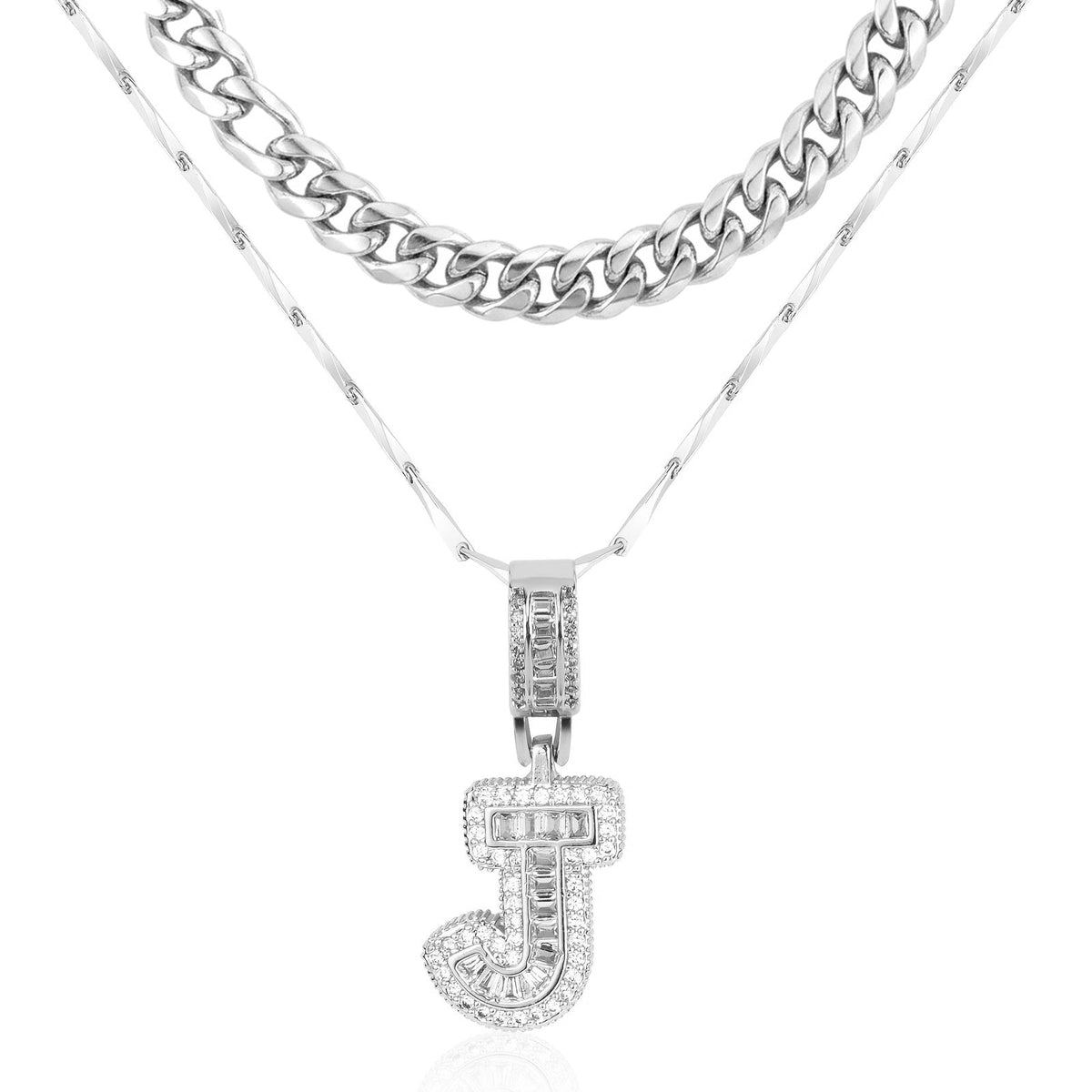Set di 2 collane a strati in oro 14k, cubana e con iniziale
