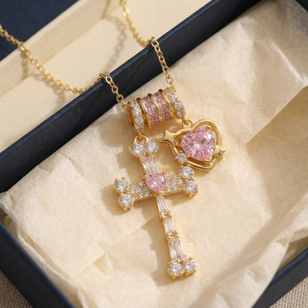 Collier 18k avec croix et cœur rehaussés de zircons cubiques