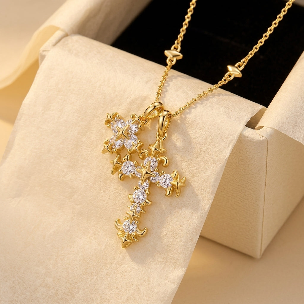 Collier croix floral 18k rehaussé de diamants