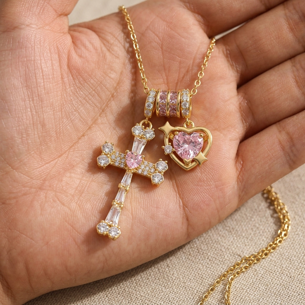 Collier 18k avec croix et cœur rehaussés de zircons cubiques
