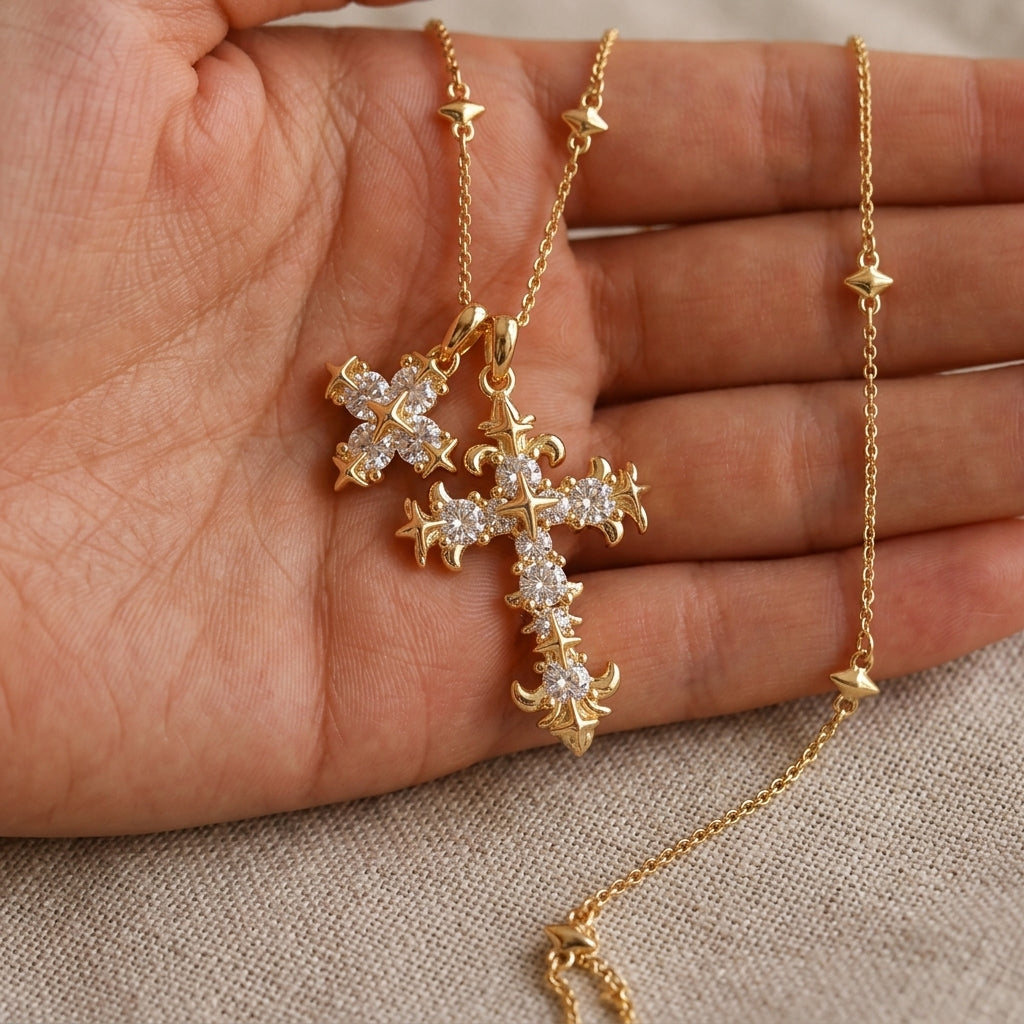 Collier croix floral 18k rehaussé de diamants