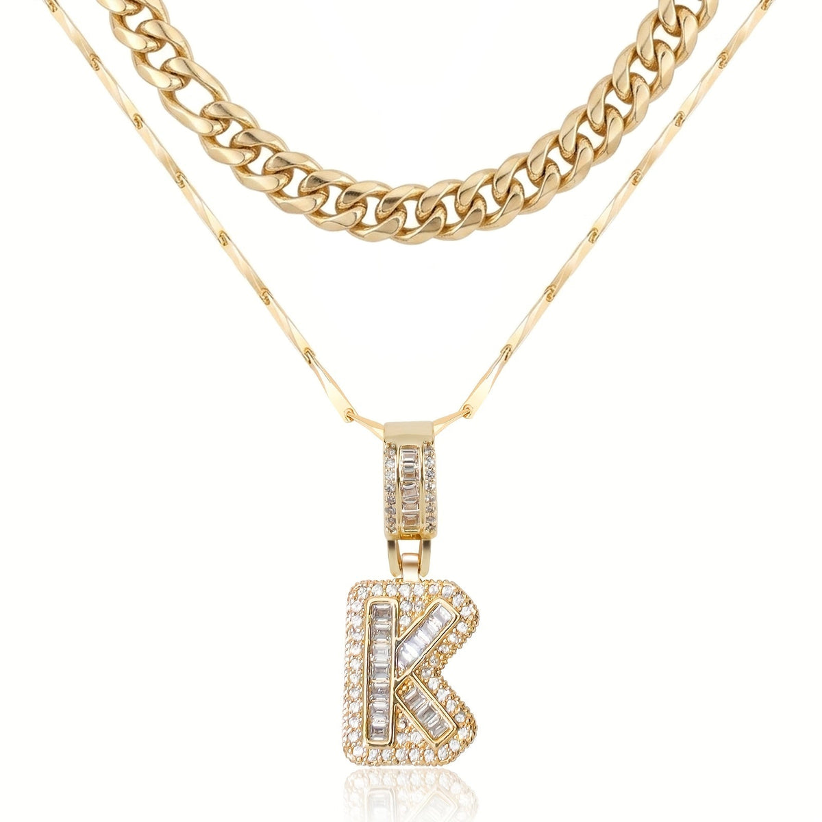 Set di 2 collane a strati in oro 14k, cubana e con iniziale