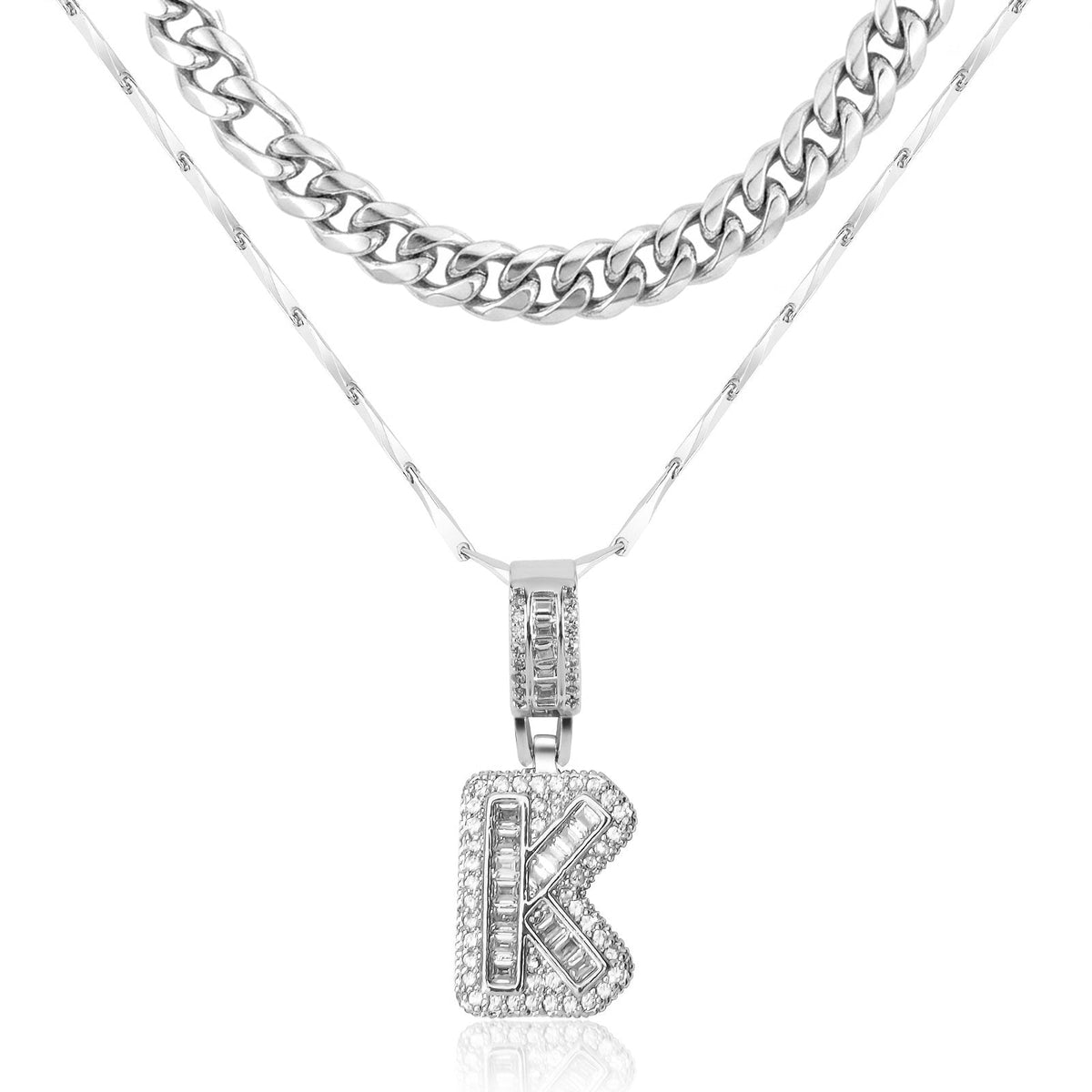 Set di 2 collane a strati in oro 14k, cubana e con iniziale