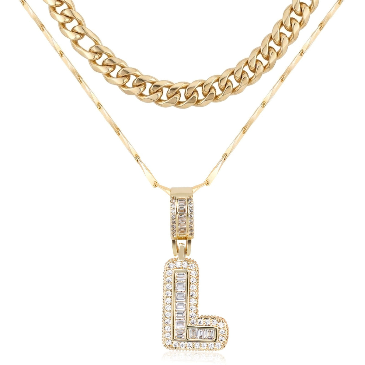 Set di 2 collane a strati in oro 14k, cubana e con iniziale