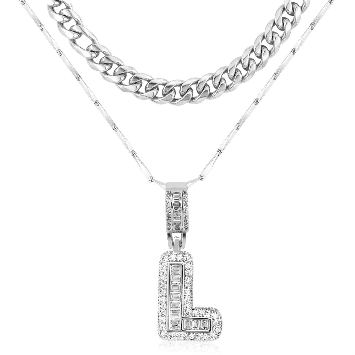 Set di 2 collane a strati in oro 14k, cubana e con iniziale