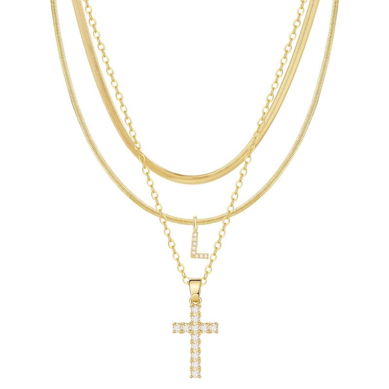 Juego de 3 collares de 14k con inicial y cruz con detalles de diamantes
