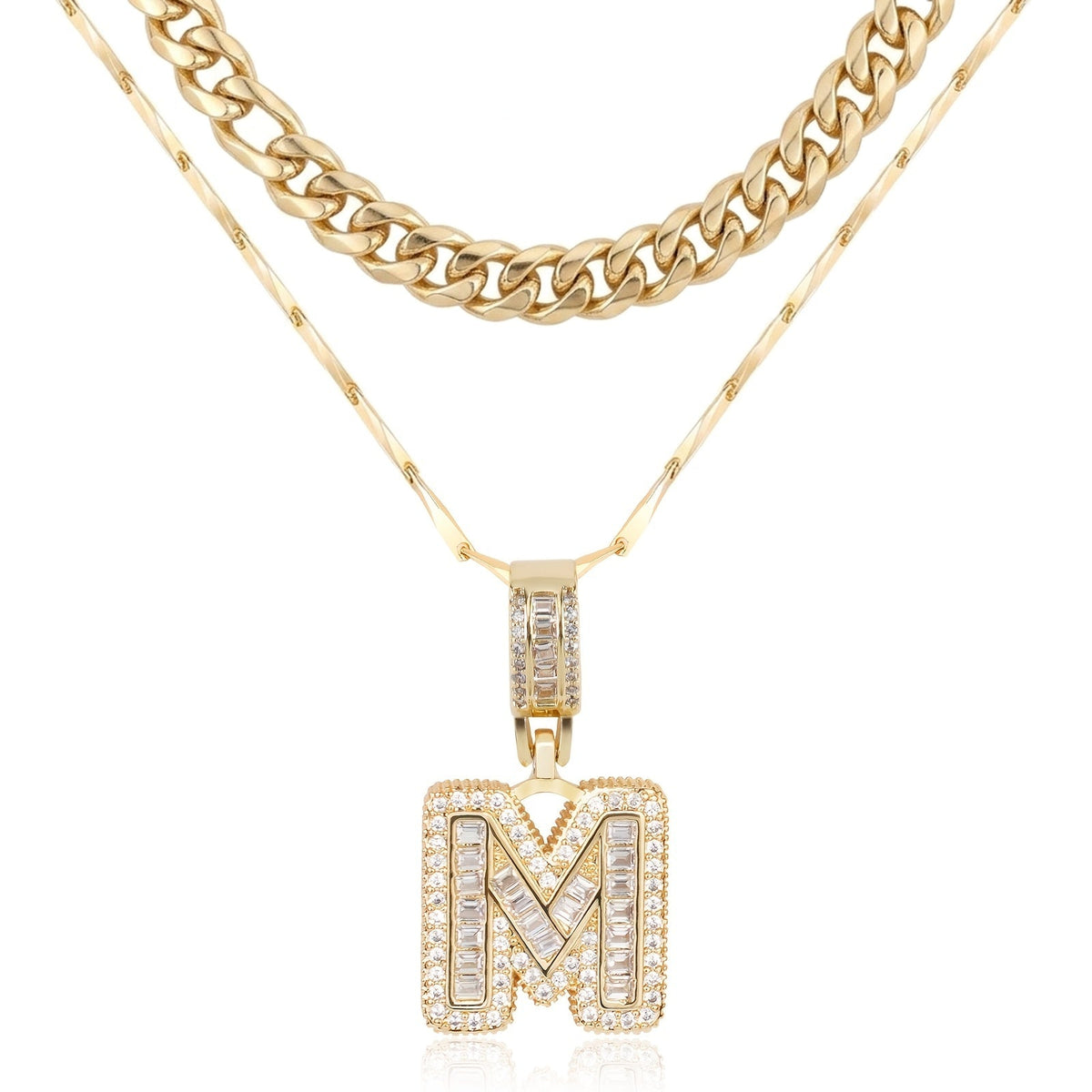 Set di 2 collane a strati in oro 14k, cubana e con iniziale