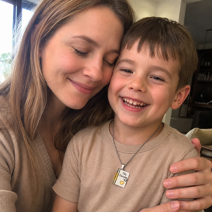 Woman and young boy smiling closely together, with the boy wearing a necklace.