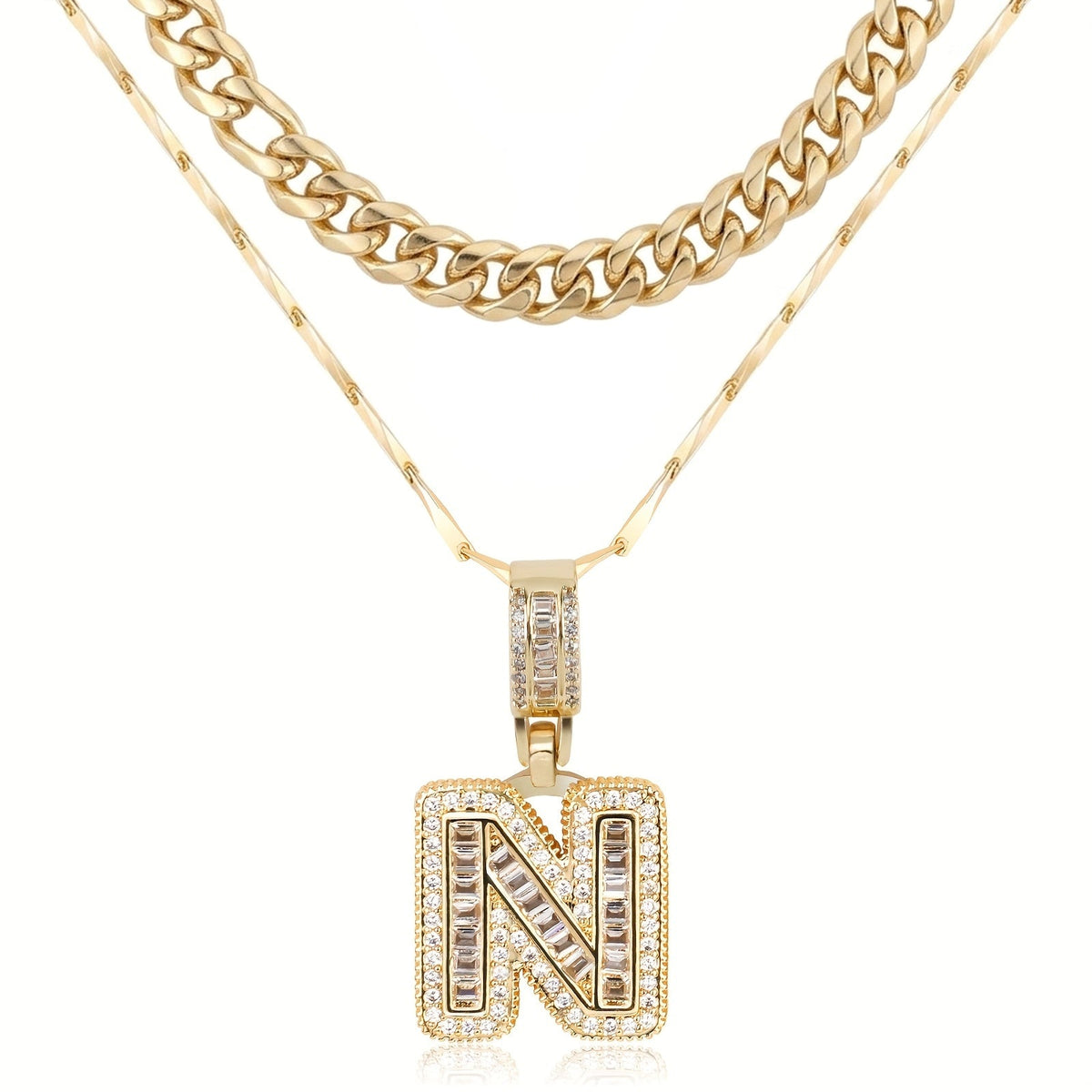 Set di 2 collane a strati in oro 14k, cubana e con iniziale