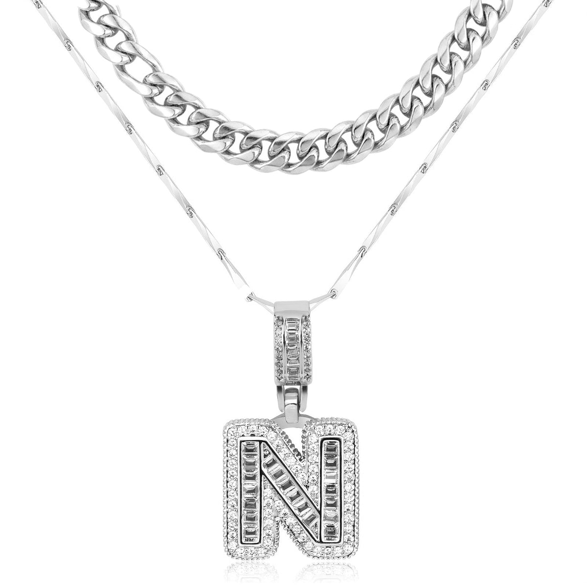 Set di 2 collane a strati in oro 14k, cubana e con iniziale
