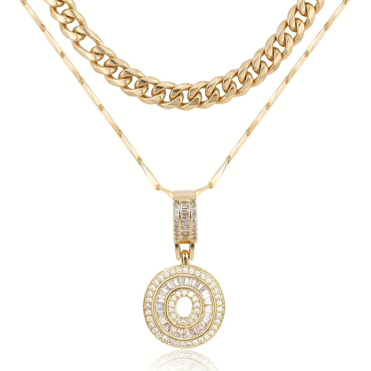 Set di 2 collane a strati in oro 14k, cubana e con iniziale