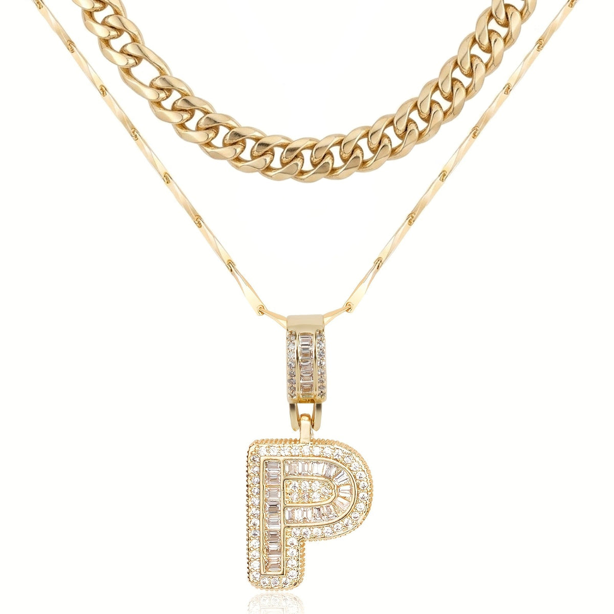 Set di 2 collane a strati in oro 14k, cubana e con iniziale
