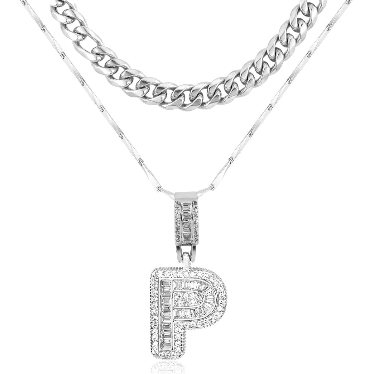 Set di 2 collane a strati in oro 14k, cubana e con iniziale