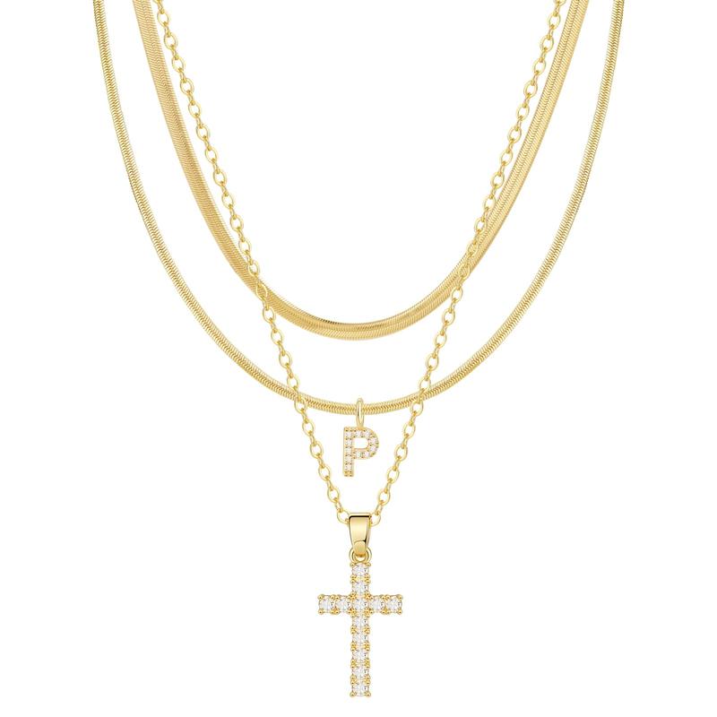 Juego de 3 collares de 14k con inicial y cruz con detalles de diamantes