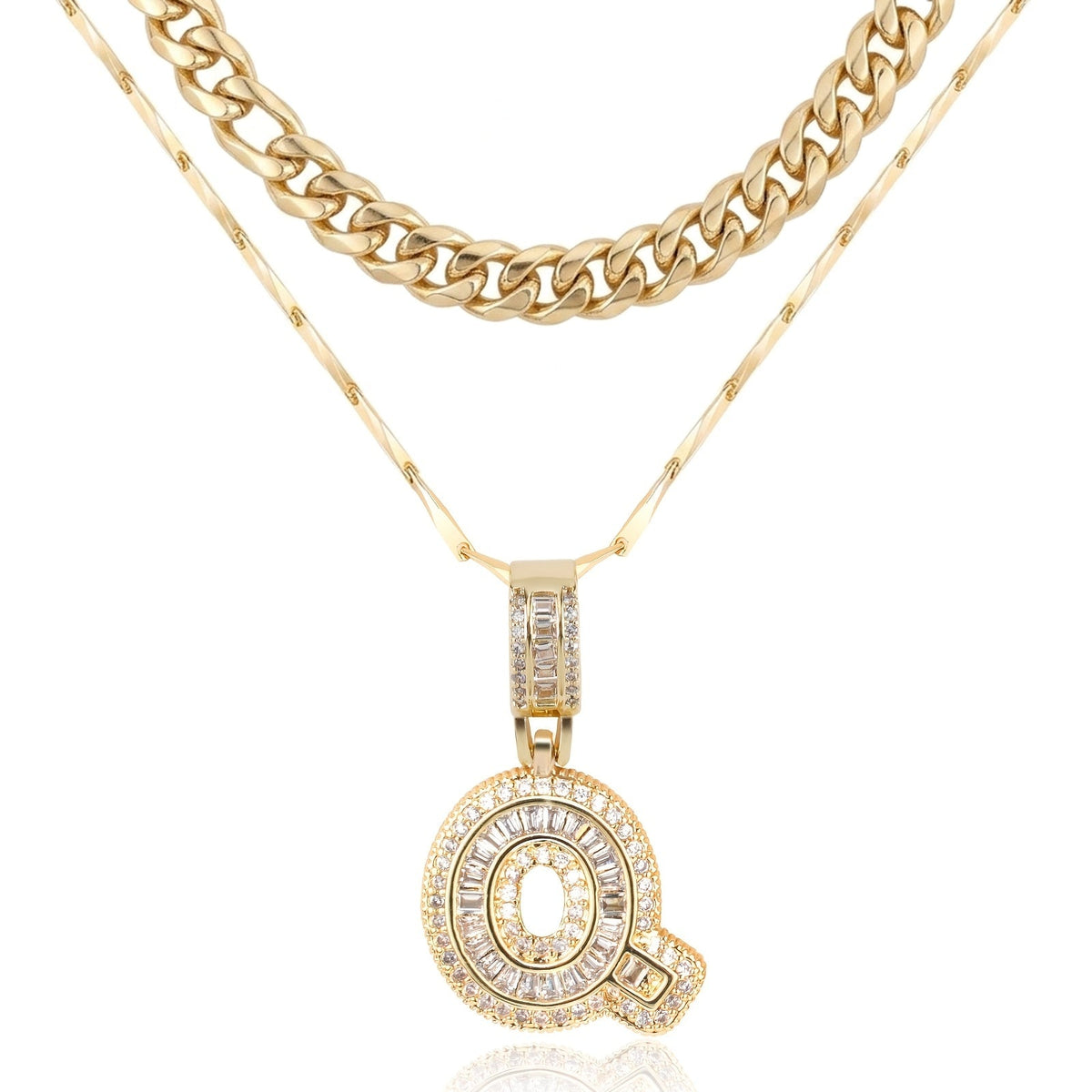 Set di 2 collane a strati in oro 14k, cubana e con iniziale