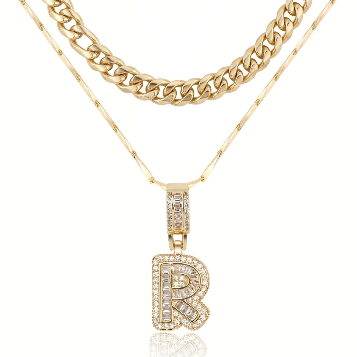 Set di 2 collane a strati in oro 14k, cubana e con iniziale