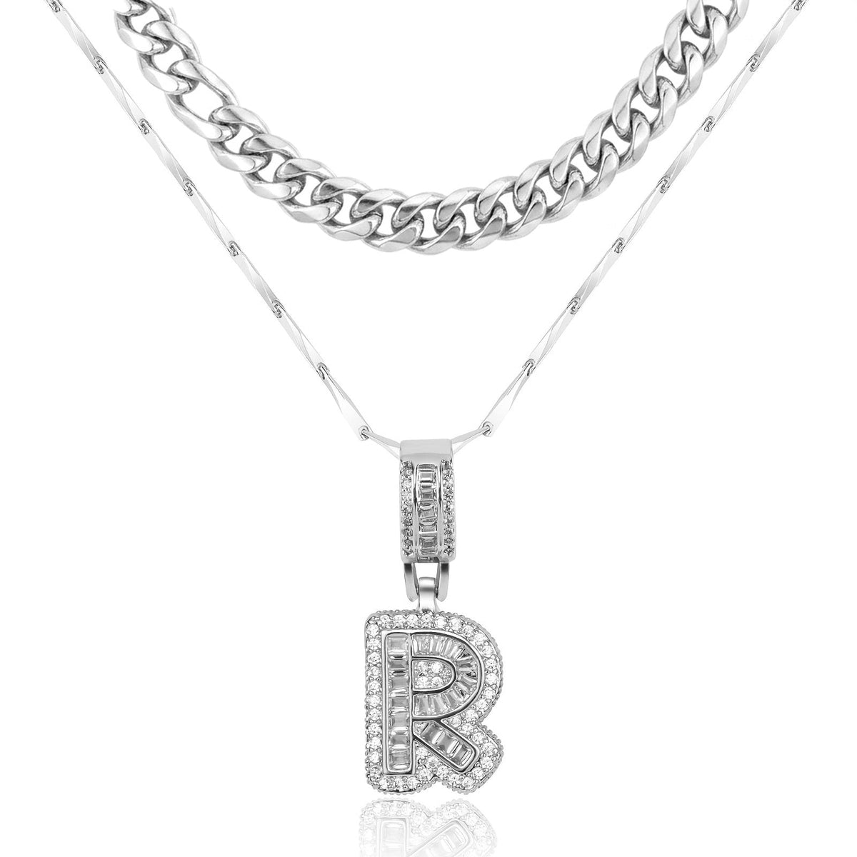 Set di 2 collane a strati in oro 14k, cubana e con iniziale